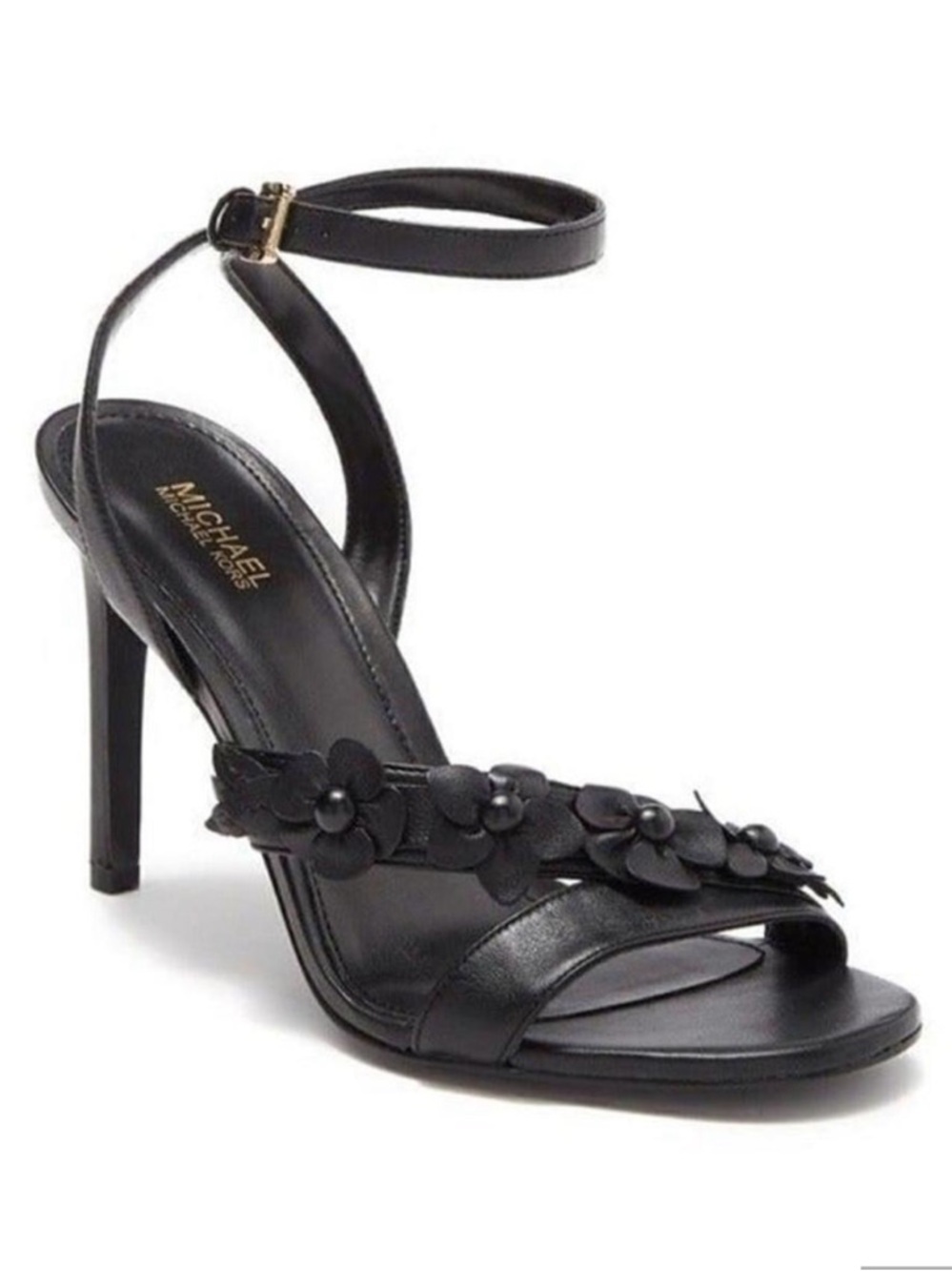 Michael Kors Womens Black Leather Heels Strappy Sandal Flowers, Size 8